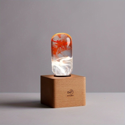 Red and White Capsule-Shaped EP Light Table Lamp with Wooden Base Creative Decorative Lamp for Home Office