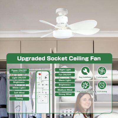 Socket Remote Control Ceiling Fan and Light, Dimmable LED Ceiling Fan for Bedroom, Kitchen and Small Rooms, Garage Ceiling Fan