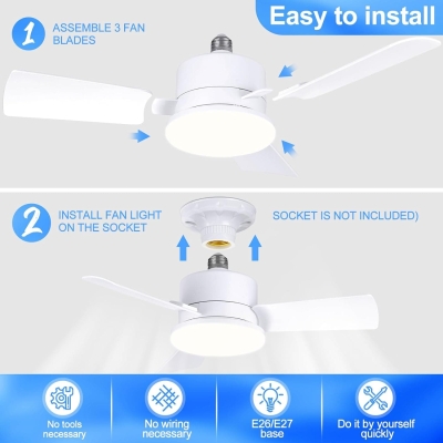 Small Socket Fan with Light and Remote, 3 Blades Dimmable Ceiling Fan for Bedroom, Outdoor Ceiling Fans, Garage Ceiling Fan