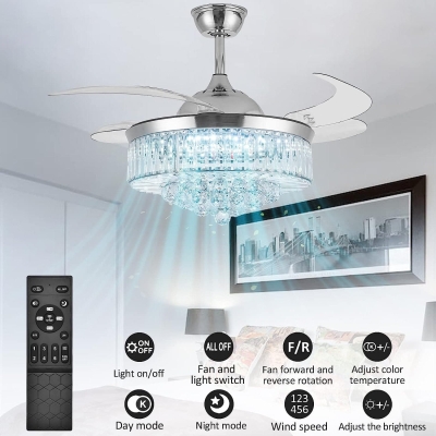 36 in. Invisible Ceiling Fan Chandelier, Modern Crystal Ceiling Fan with Light and Remote for Bedroom Living Room Dining Room, Decorative Ceiling Fan