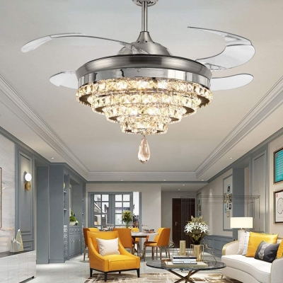 42 in. Invisible Reversible Ceiling Fan Crystal Chandelier, Retractable Blade Ceiling Fan for Living Room Bedroom Dining Room