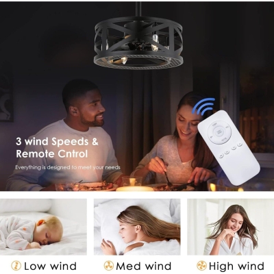 Black Caged Ceiling Fan with Lights, Farmhouse Industrial Rustic Ceiling Fan, Bladeless Flush Mount Quiet Enclosed Low Profile Ceiling Fan and Light
