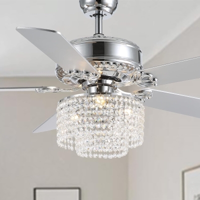 52 in. Crystal Ceiling Fan with Light and Remote Control, Modern Fan with Light, Reversible Chandelier Fan, Wood Chrome Fandelier for Bedroom Living Room