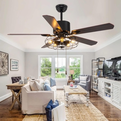 52 in. Farmhouse Caged Ceiling Fan with Light and Remote Pull Chain, Black Industrial Rustic Chandelier Fan for Bedroom Living Room Dining Room