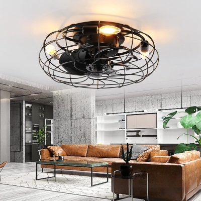 Caged Enclosed Low Ceiling Fan, Bladeless Ceiling Fan with Light and Remote Control, Industrial Fandelier Flush Mount