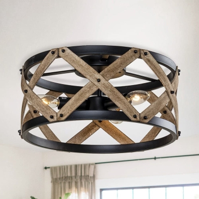 3-Light Black Drum Shaped Flush Mount Light