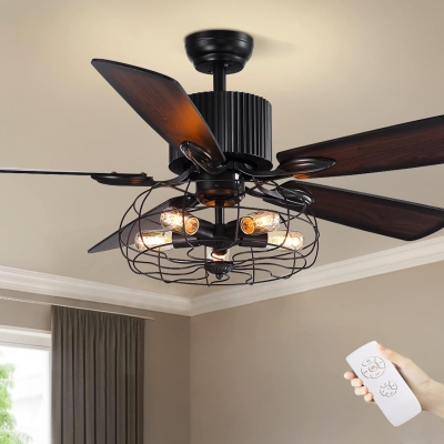 52 in. Industrial Caged Ceiling Fan with Light and Remote, Black Vintage Farmhouse Fandelier for Dining Room Living Room Bedroom