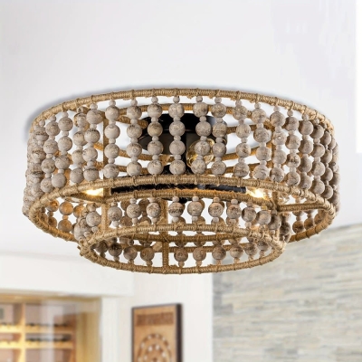 3-Light Wood Flush Mount Light, Low Profile Round Boho Style Flush Mount Light, Wood Beaded Flush Mount Light
