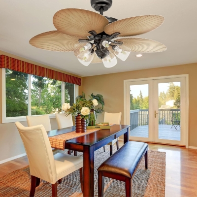 52 in. Palm Leaf Ceiling Fan with Seeded Glass Light Kit, Brown Tropical Ceiling Fans with Light and Remote, Silent Reversible DC Ceiling Fan