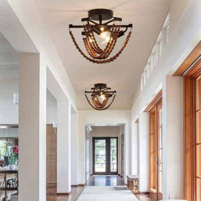 Farmhouse Semi Flush Mount Ceiling Light with Wood Beaded, Industrial 3-Lights Close to Ceiling Light Chandelier for Sloped Ceiling Kitchen Bedroom Dining Room Porch