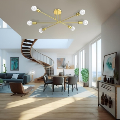 Set of 2 Gold Mid-Century Ceiling Light, 6-Light Sputnik Semi-Flush Mount Ceiling Light