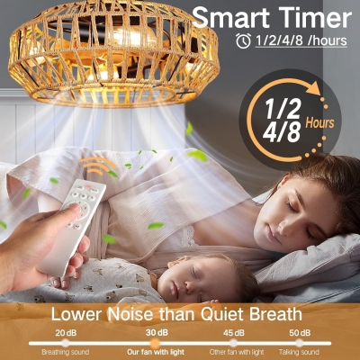 Boho Caged Ceiling Fan, Low Profile Rattan Ceiling Fan with Light Timer and Remote, Enclosed Bladeless Ceiling Fan for Bedroom Kitchen Living Room