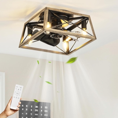 Caged Ceiling Fan with Light, Flush Mount Low Ceiling Fan and Light and Remote for Living Room Kitchen, Farmhouse Ceiling Fan with Light