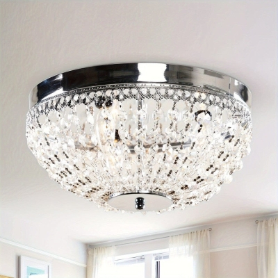 3-Light Bowl-Shaped Chrome Glam Flush Mount Light with Crystal Shade