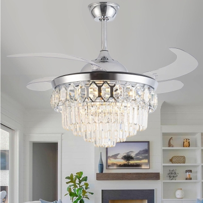 42 in. Modern Crystal Ceiling Fan with Lights and Remote, Silent Retractable Chandelier Fan, Dimmable Fandelier for Bedroom Living Room Dining Room
