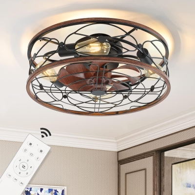 20 in. Caged Ceiling Fan with Light, Low Profile Enclosed Ceiling Fan with Remote, Flush Mount Ceiling Fan without Blades for Bedroom Living Room