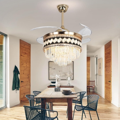 42 in. Crystal Smart Gold Ceiling Fan with Light Bluetooth Speaker, Retractable Fandelier Modern Ceiling Fan for Living Room Dining Room Foyer