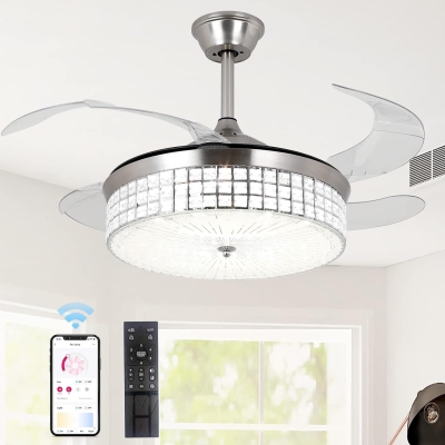 Retractable Ceiling Fan with Lights and Remote, Modern LED Ceiling Fan and Light, Crystal Fandelier Chandelier Fan for Bedroom Living Room Dining Room