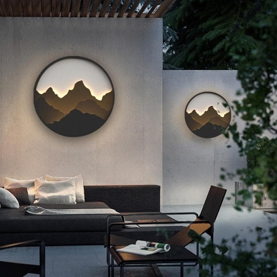 Unique Outdoor Wall Light with Mountain Scenery, Stainless Steel Frame in Brown or Black, Available in Small, Medium, Large Sizes