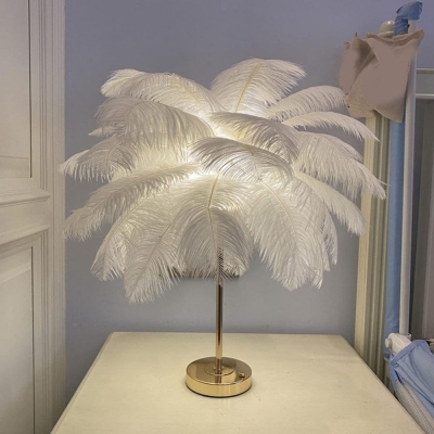 White Feather Table Lamp with Gold Metal Base, Dimmable Touch Table Lamp Nightstand Lamp, Desk Night Light