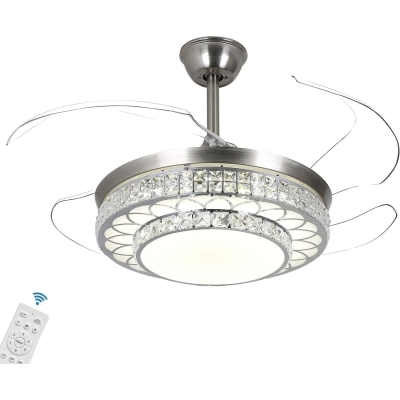 48 in. Modern Retractable Flush Mount Low Profile Bladeless Chandelier Ceiling Fan with Remote for Living Room, Crystal Ceiling Fandelier with Light