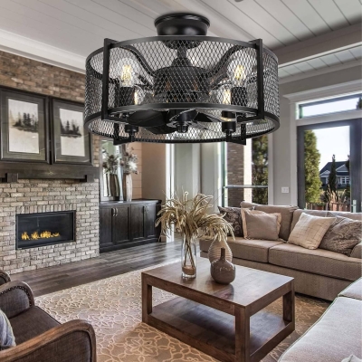 20 in. Farmhouse Flush Mount Ceiling Fan with Light Fixture, Caged Ceiling Fan with Lights and Remote, Enclosed Ceiling Fandelier for Bedroom Kitchen