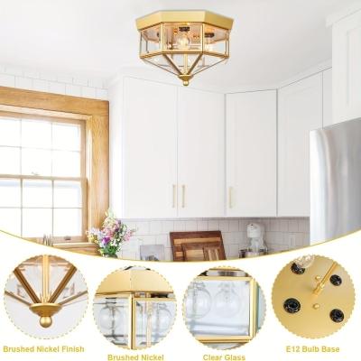 Octagon-Shaped 4-Light Flush Mount Ceiling Light with Clear Glass Shade, Farmhouse Ceiling Light for Kitchen Bedroom Foyer Stairway Hall Closet Porch