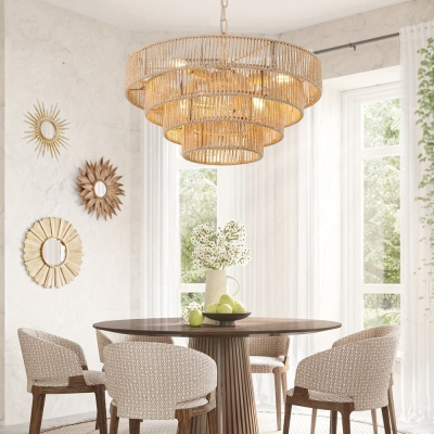6-Light Bohemian Rattan Woven Pendant Light, 4-Tier Large Round Pendant Light Chandelier