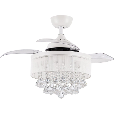 36 in. White Crystal Chandelier Ceiling Fan, Remote Control Ceiling Fan and Light for Bedroom, Retractable Blade Ceiling Fan with Light