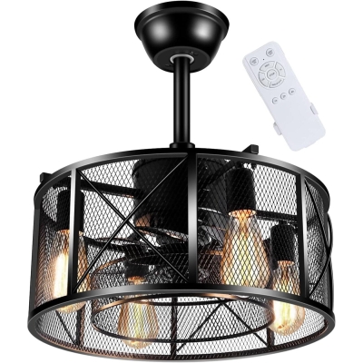 Small Enclosed Caged Ceiling Fan with Light and Remote, Black Farmhouse Industrial Flush Mount Ceiling Fan for Living Room Bedroom Kitchen
