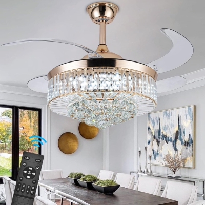 42 in. Chandelier Crystal Ceiling Fan with Light, Dimmable Modern Ceiling Fan with Remote, Retractable Invisible Fandelier for Bedroom Living Room