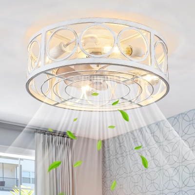 Caged Ceiling Fan with Remote, Bladeless Reversible Ceiling Fans, Flush Mount Low Profile Ceiling Fan, White Ceiling Fan for Bedroom Kitchen Dining Room