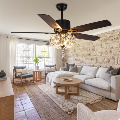 52 in. Crystal Ceiling Fan with Light and Remote, Black Farmhouse Decorative Chandelier Ceiling Fan, Modern Rustic Fandeliers for Living Room
