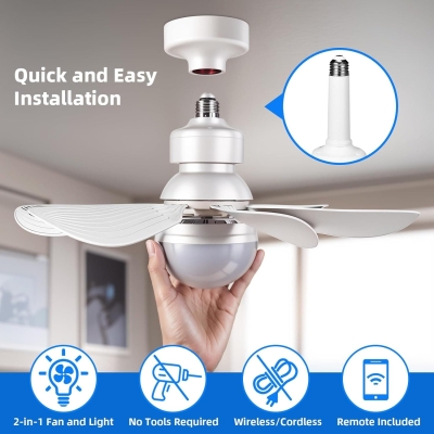 White Ceiling Fan Light with Remote, Socket Fan Light with Remote and Light Socket Extender, 6 Blades Light Socket Fan