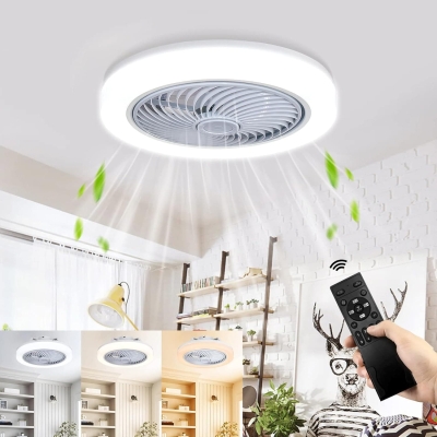 White Modern Flush Mount Ceiling Fan with LED Lights and Remote Control, Dimming, Small Bladeless Low Profile Ceiling Fans for Bedroom Living Room Kitchen