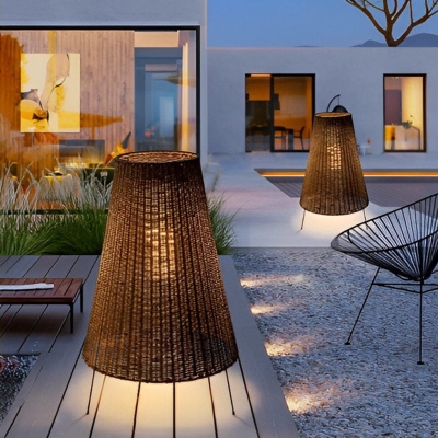 Tripod Woven Rattan Floor Lamp, Rustic Outdoor Waterproof Standing Lamp with Hand-Braided Shade for Cozy Indoor &amp; Garden Spaces