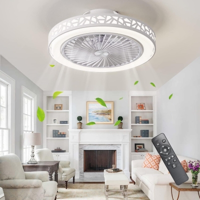 White Ceiling Fan with Low Profile Light, Modern Flush Mount Bladeless Enclosed Ceiling Fan Lights Fixtures with Remote Control for Bedroom
