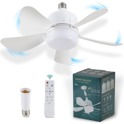 18 in. Socket Fan Light with Remote, Dimmable LED Ceiling Fan and Light, White Screw In Socket Fans for Kitchen Bedroom, Outdoor Ceiling Fan for Garage