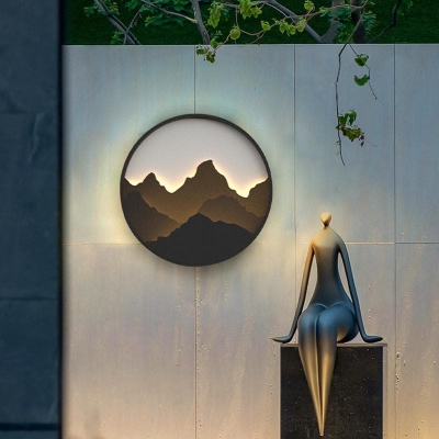 Unique Outdoor Wall Light with Mountain Scenery, Stainless Steel Frame in Brown or Black, Available in Small, Medium, Large Sizes