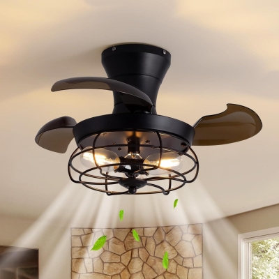22 in. Caged Retractable Ceiling Fan with Lights and Remote, Black Small Farmhouse Low Profile Flush Mount Ceiling Fan for Bedroom Living Room Kitchen