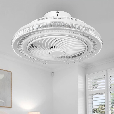 20 in. Modern Dimmable Enclosed Ceiling Fan Chandelier, White Crystal Flush Mount Bladeless Ceiling Fan, Low Profile Reversible Ceiling Fan for Small Place