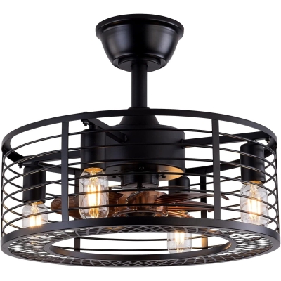 20 in. Black Caged Ceiling Fan with Light Remote, Lightweight Ceiling Fan, Bladeless Industrial Farmhouse Ceiling Fan with Light for Bedroom Porch Patio