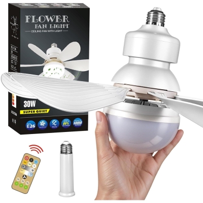 White Ceiling Fan Light with Remote, Socket Fan Light with Remote and Light Socket Extender, 6 Blades Light Socket Fan