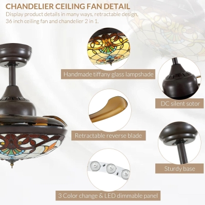36 in. Vintage Ceiling Fans, Dimmable Retractable Chandelier Fan with Remote and APP Control for Living Room Bedroom