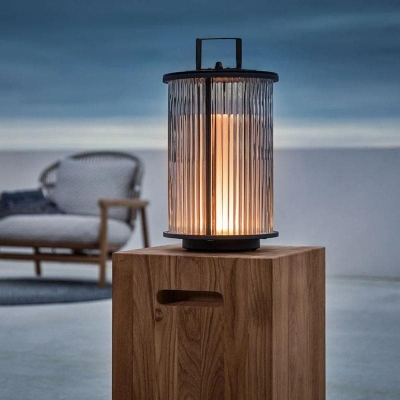 Modern Minimalist Outdoor Lantern with Ribbed Glass Frame and Stainless Steel Handle, Portable Garden and Patio Lighting Solution