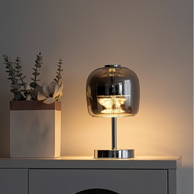 Smoke Grey Glass Table Lamp Desk Lamp, Dimmable Bedside Night Light with USB Port