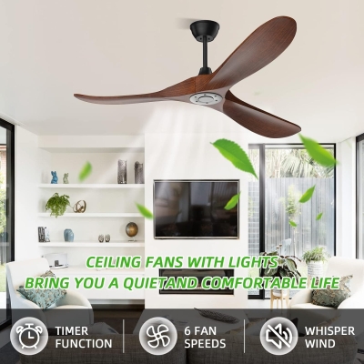 52 in. Indoor Outdoor Damp Fan with Remote Control, 3 Blades Matte Black Outdoor Fan, Classic Walnut Wood Ceiling Fan NO Light
