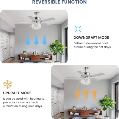 52 in. Crystal Ceiling Fan with Light and Remote Control, Modern Fan with Light, Reversible Chandelier Fan, Wood Chrome Fandelier for Bedroom Living Room