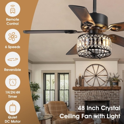 48 in. Chandelier Ceiling Fan with Lights, Black Modern Farmhouse Fandelier Remote Control Fan, Crystal Ceiling Fan Light for Living Room