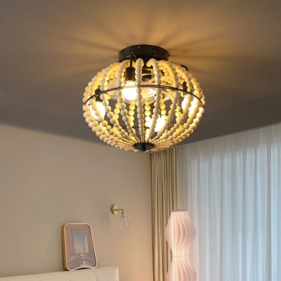 18 in. Boho Style Wooden Beaded Ceiling Light, Globe Shaped White Coastal Flush Mount Light